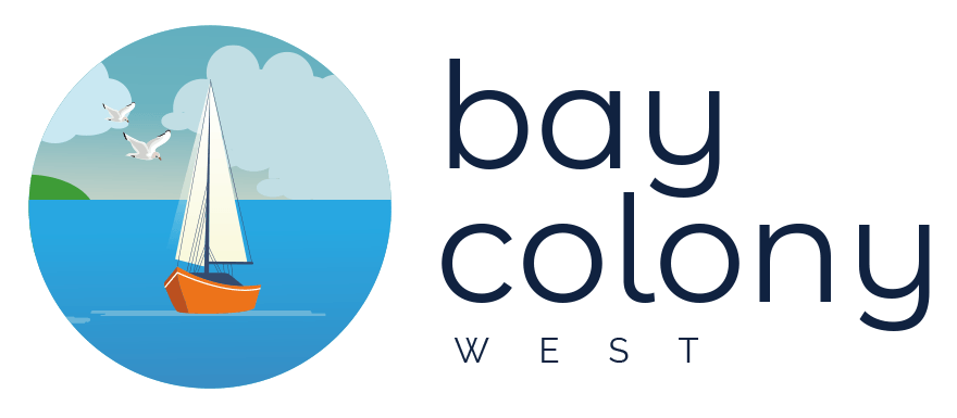 a sailboat on the water with the words bay colony west on a green background
